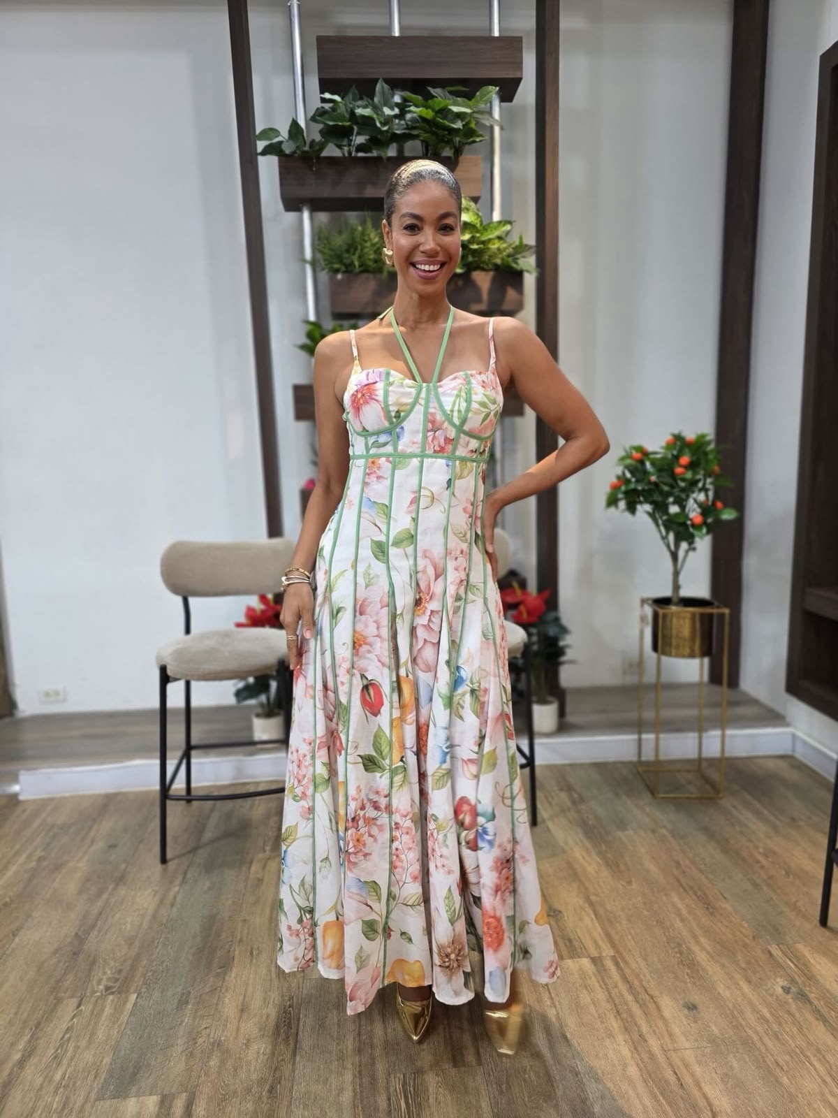 Coral Floral Halter Corset Maxi Dress