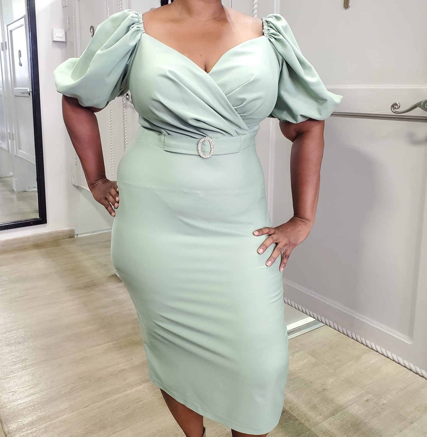 Bedazzled Surplice Pleated Dress