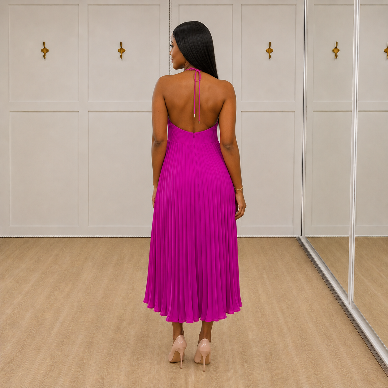 Priya - Fuchsia Pleated Halter Maxi Dress