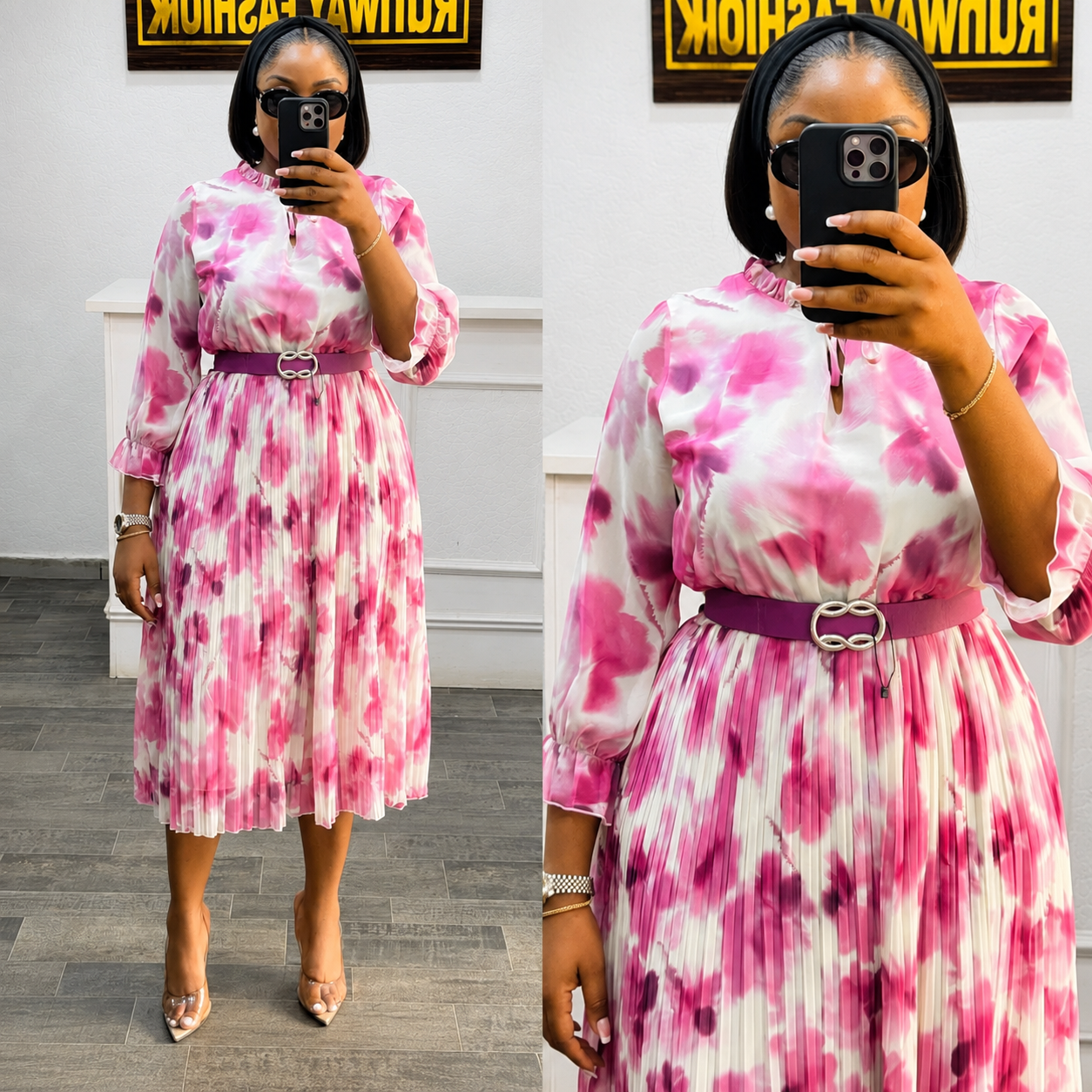 Penelope - Pink Pleated Belted Midi Dress