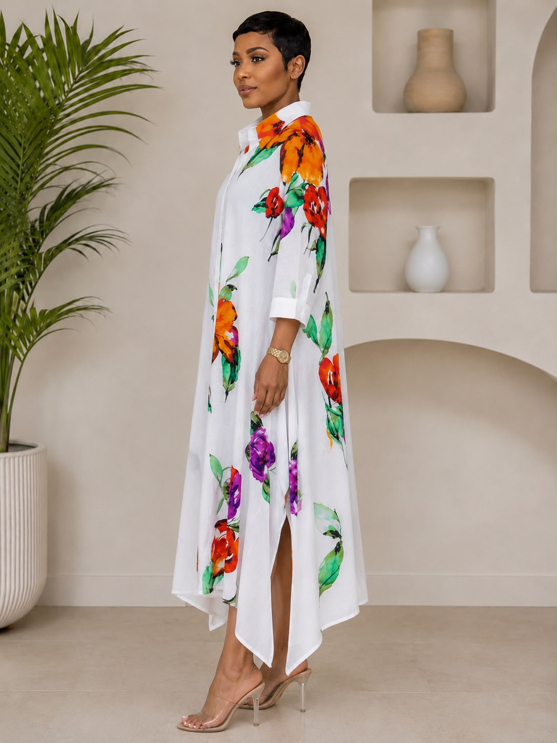 White Floral Maxi Shirt Dress