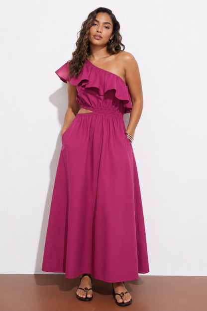 Fuchsia One-Shoulder Ruffle Maxi Dress