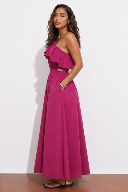 Fuchsia One-Shoulder Ruffle Maxi Dress