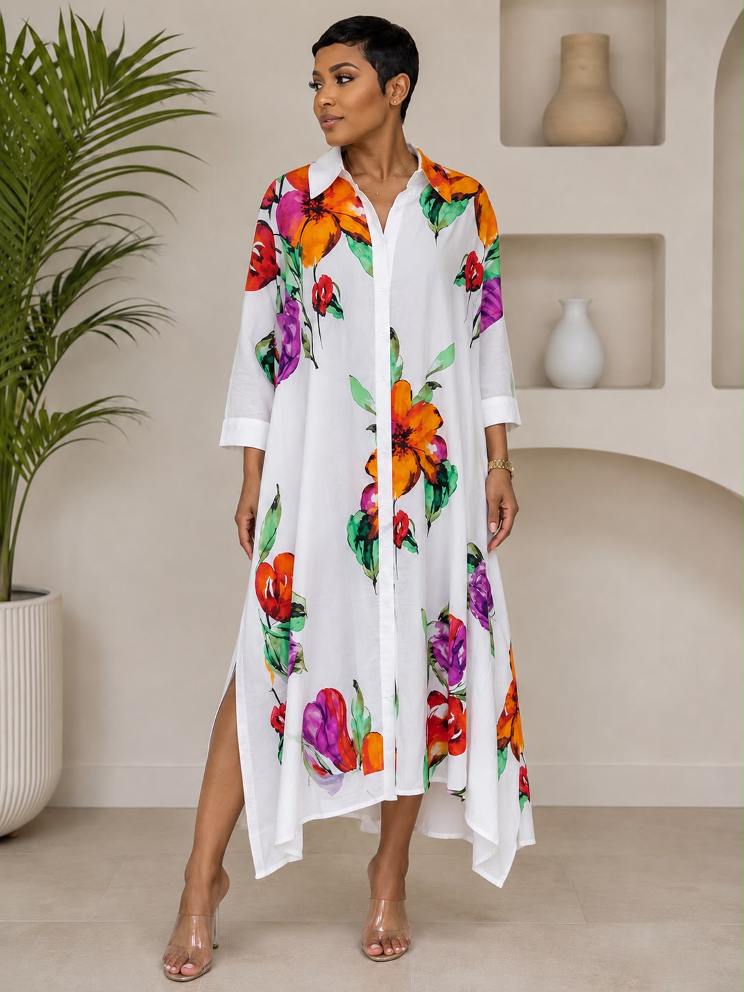 White Floral Maxi Shirt Dress