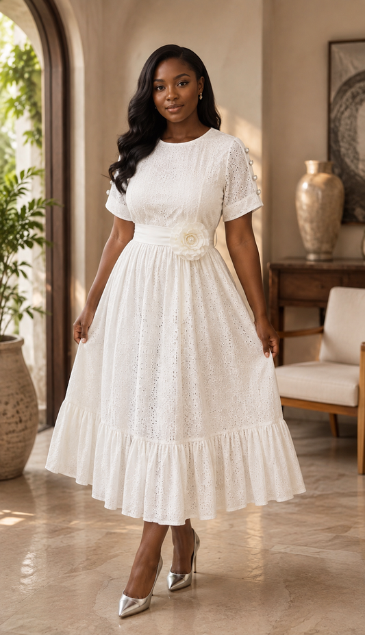 Lora - White Eyelet Midi Dress, front