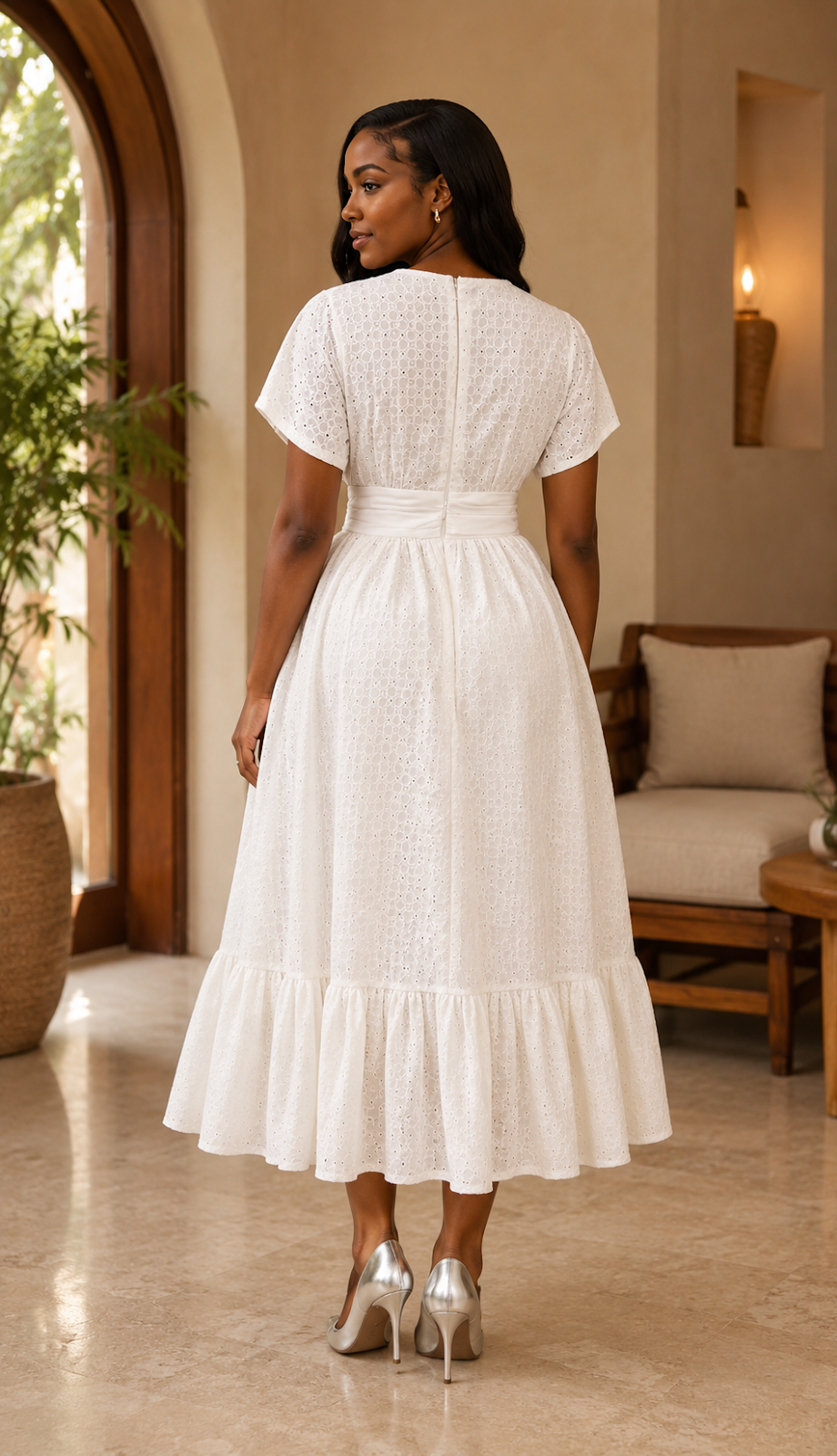 Lora - White Eyelet Midi Dress, back