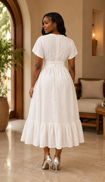 Lora - White Eyelet Midi Dress, back