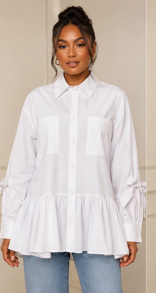 White Tie-Cuff Peplum Blouse
