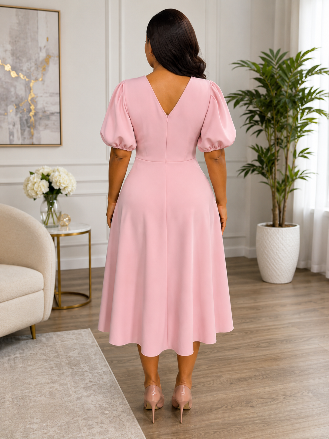 Maureen II - solid pink puff sleeve midi dress