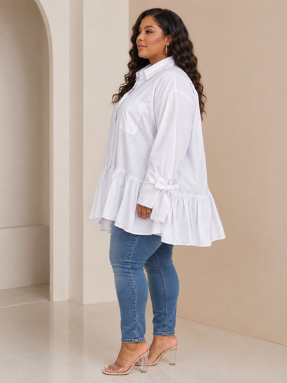 White Tie-Cuff Peplum Blouse