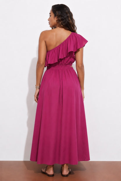 Fuchsia One-Shoulder Ruffle Maxi Dress