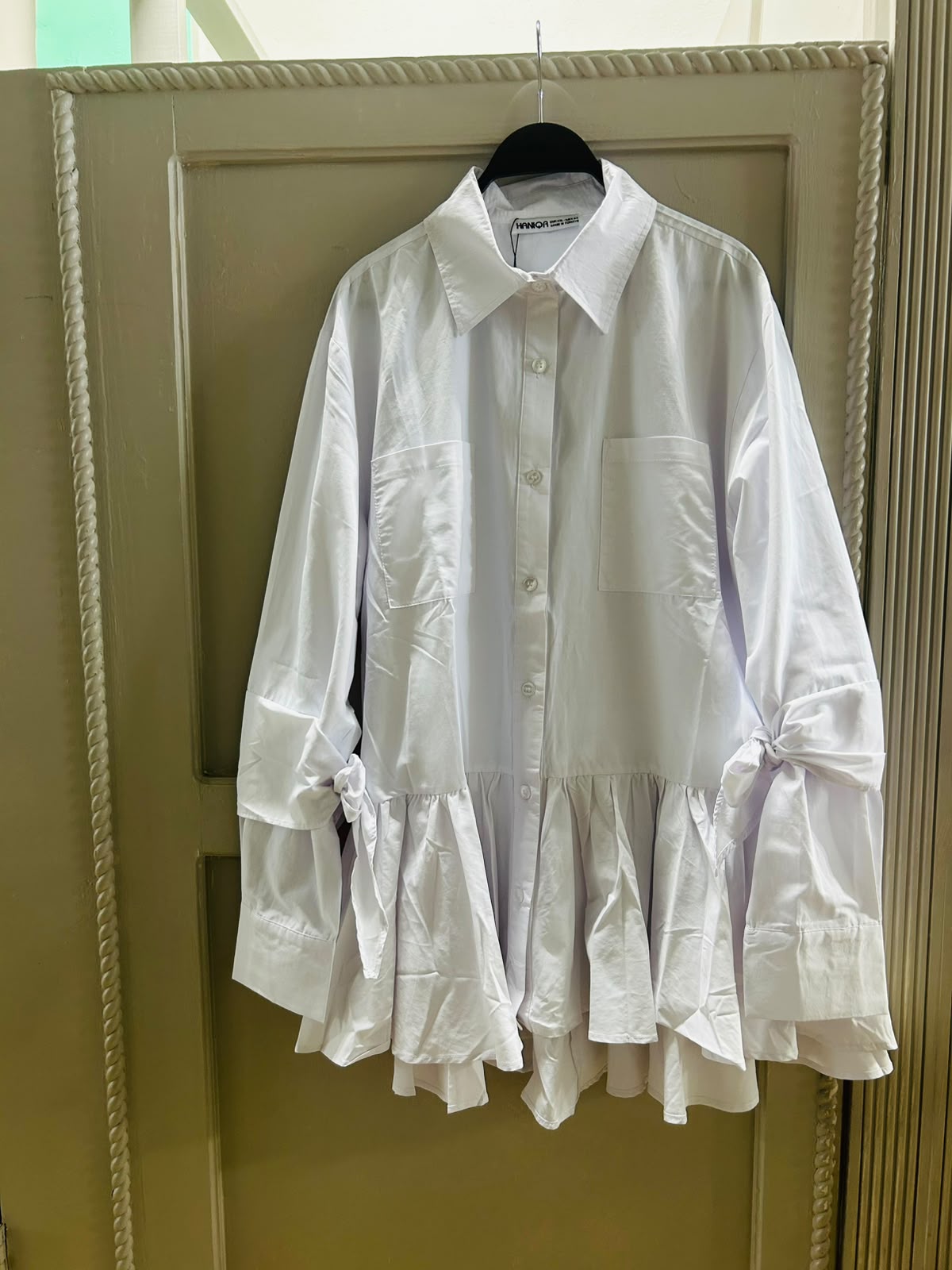 White Tie-Cuff Peplum Blouse
