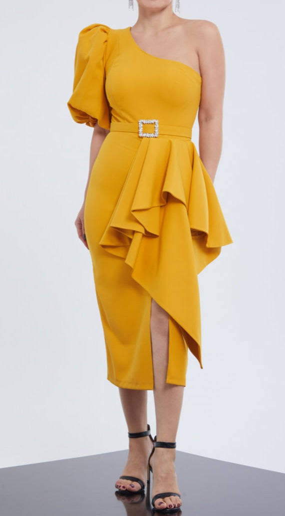 Dramatic Peplum Elegance with Jeweled Belt