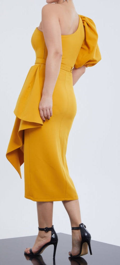 Dramatic Peplum Elegance with Jeweled Belt