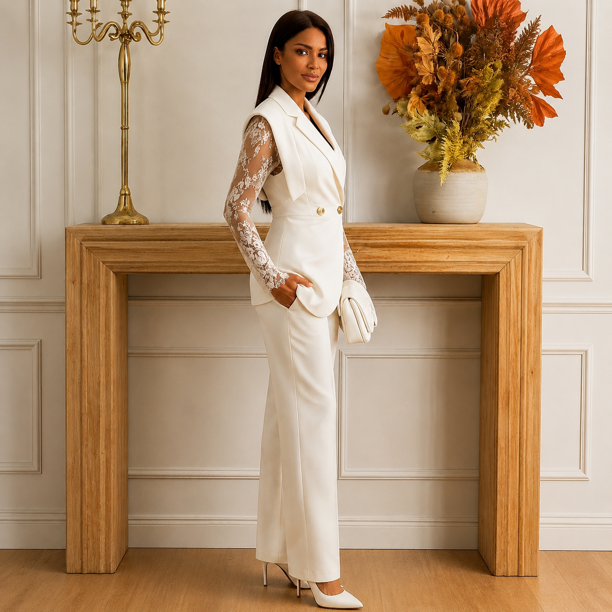 Blanca - All-White Lace-Sleeve Suit