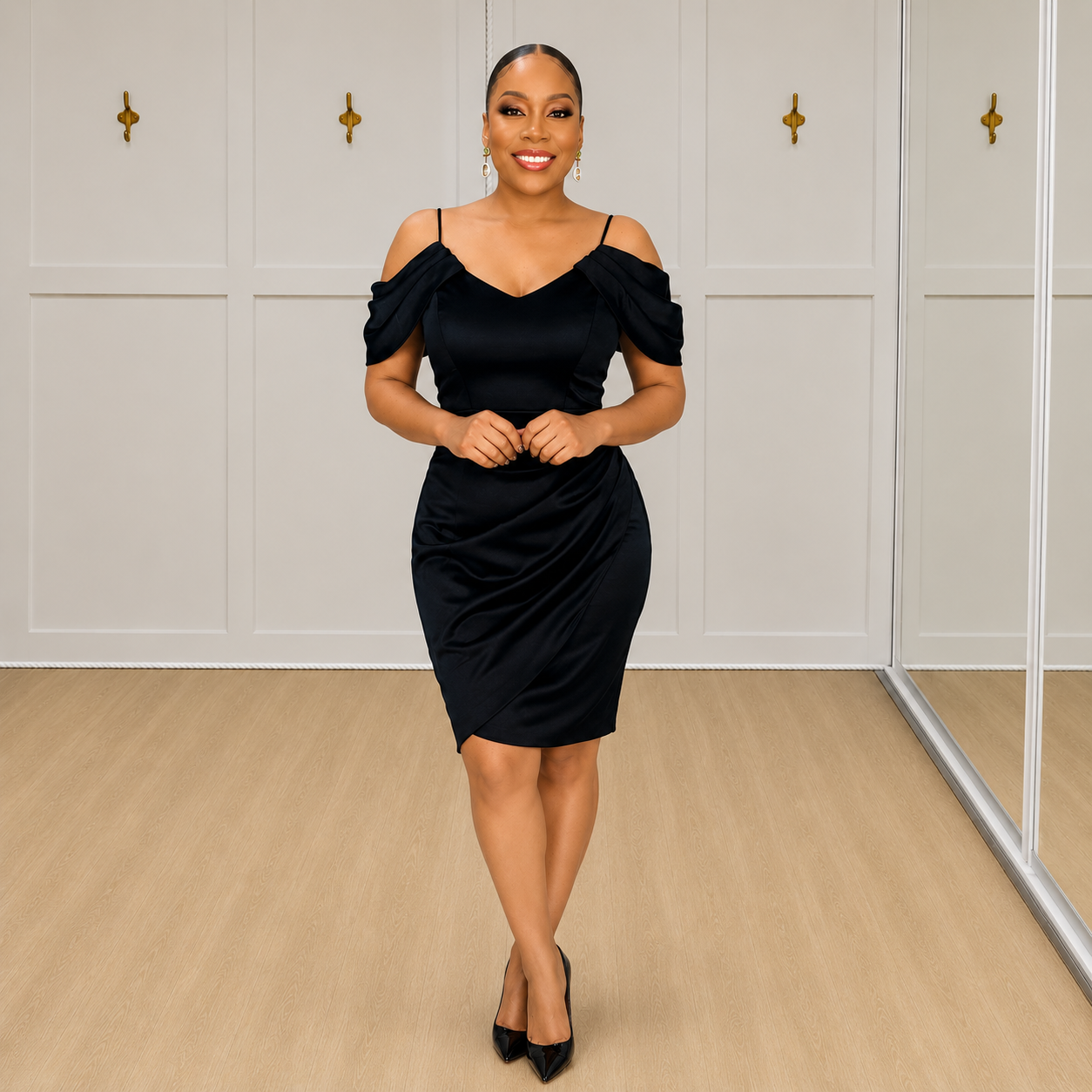 Leona - Black Satin Off-Shoulder Midi Dress
