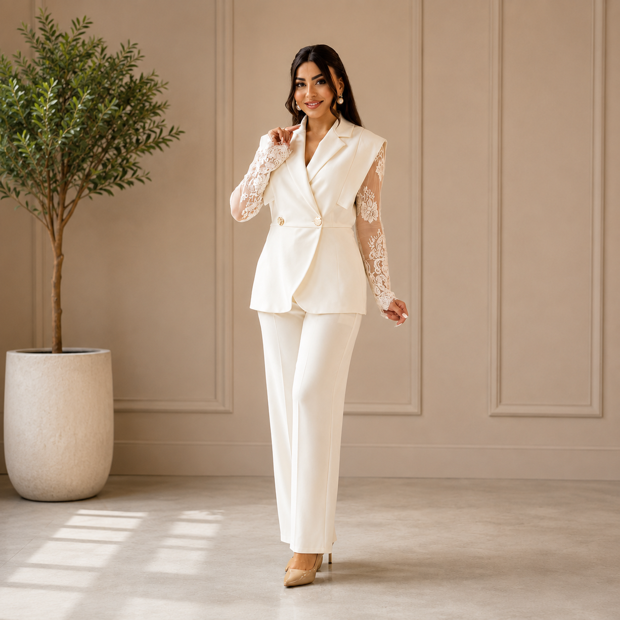 Delphine - Cream Lace-Sleeve Pant Suit