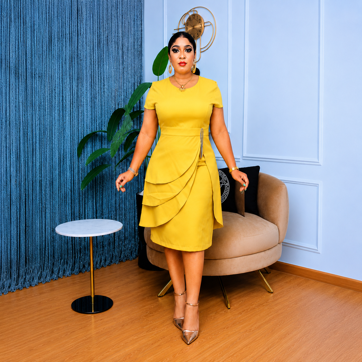 Soleil - Yellow Asymmetric Tiered Brooch Dress
