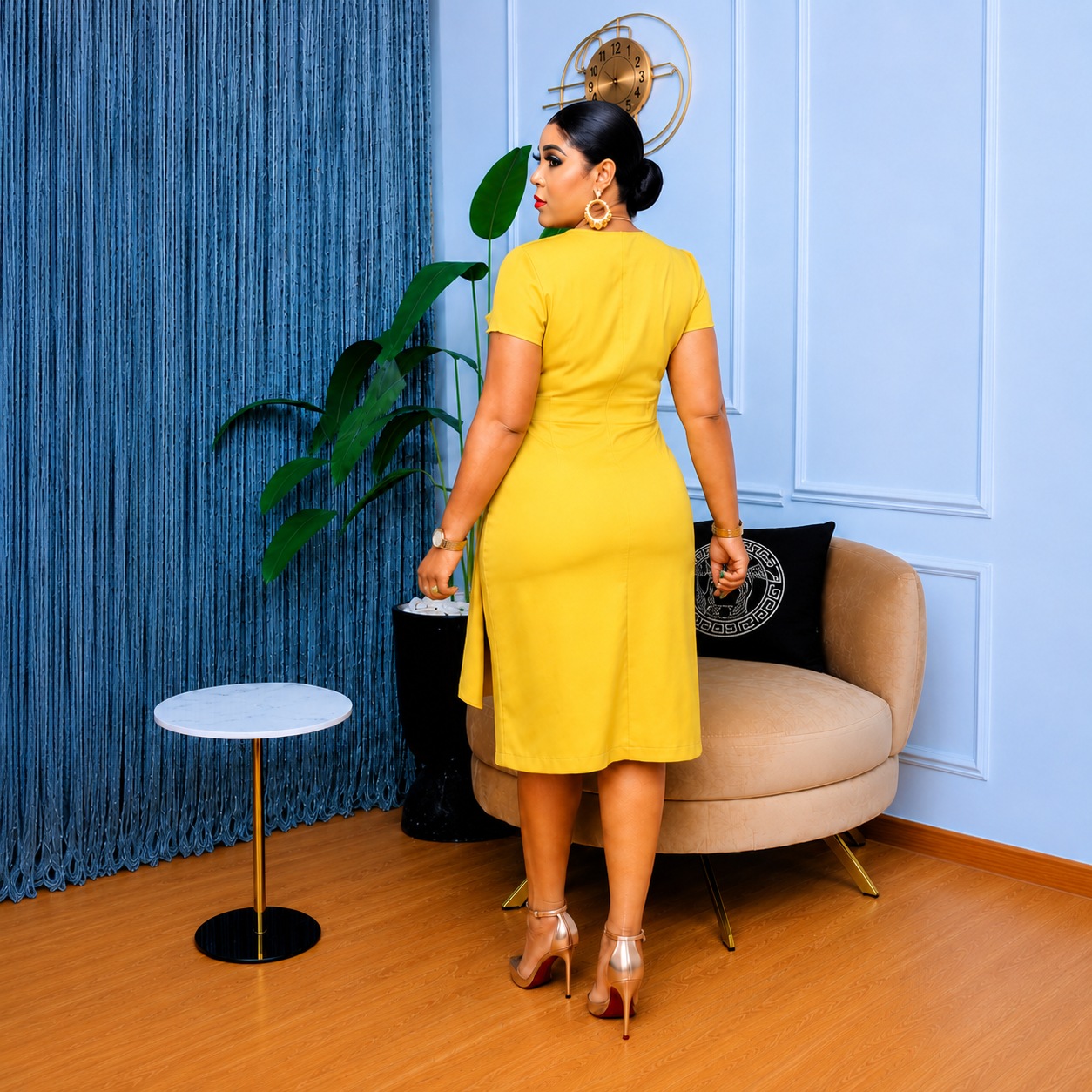 Soleil - Yellow Asymmetric Tiered Brooch Dress