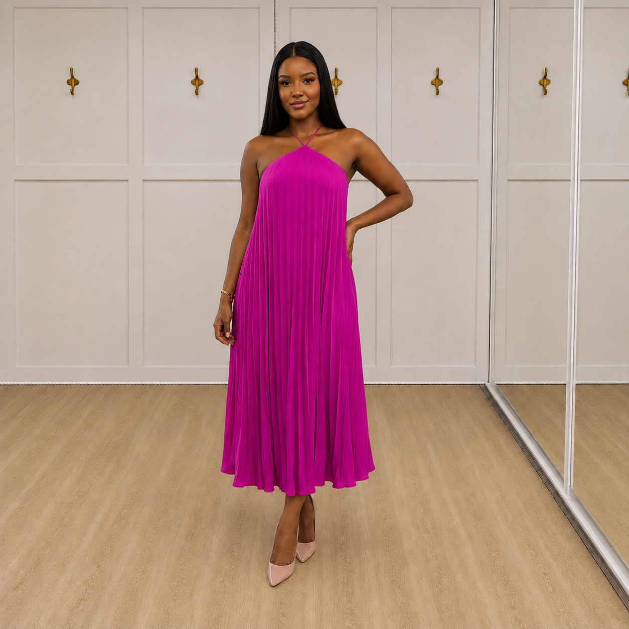 Priya - Fuchsia Pleated Halter Maxi Dress