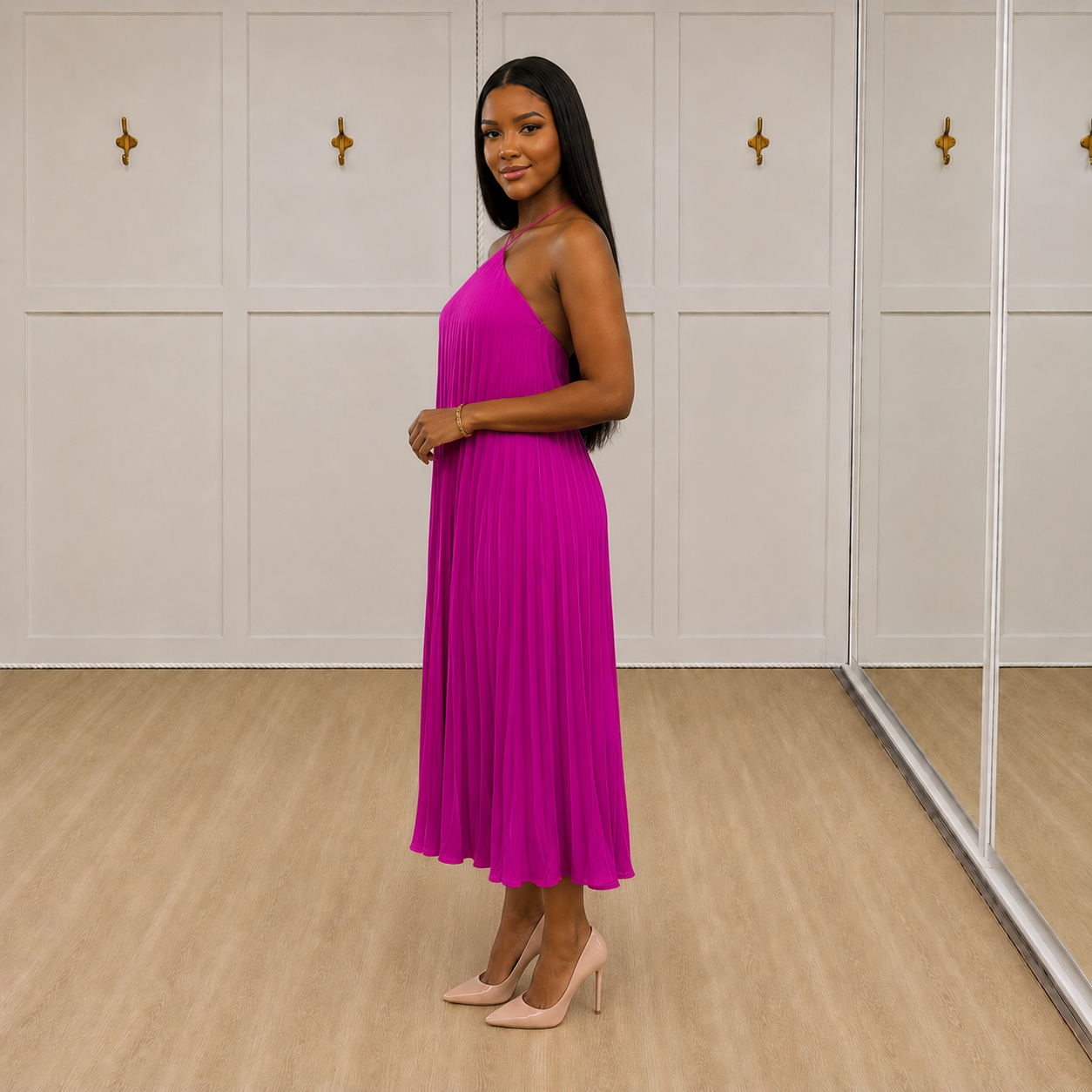 Priya - Fuchsia Pleated Halter Maxi Dress