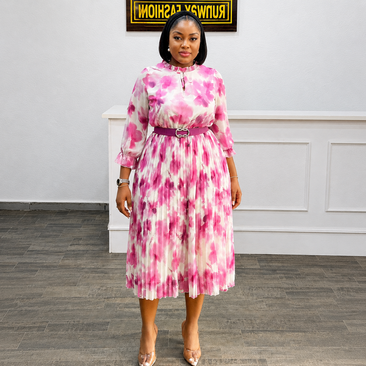 Penelope - Pink Pleated Belted Midi Dress