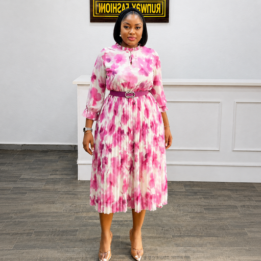 Penelope - Pink Pleated Belted Midi Dress
