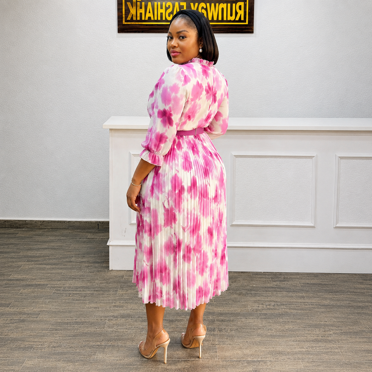 Penelope - Pink Pleated Belted Midi Dress