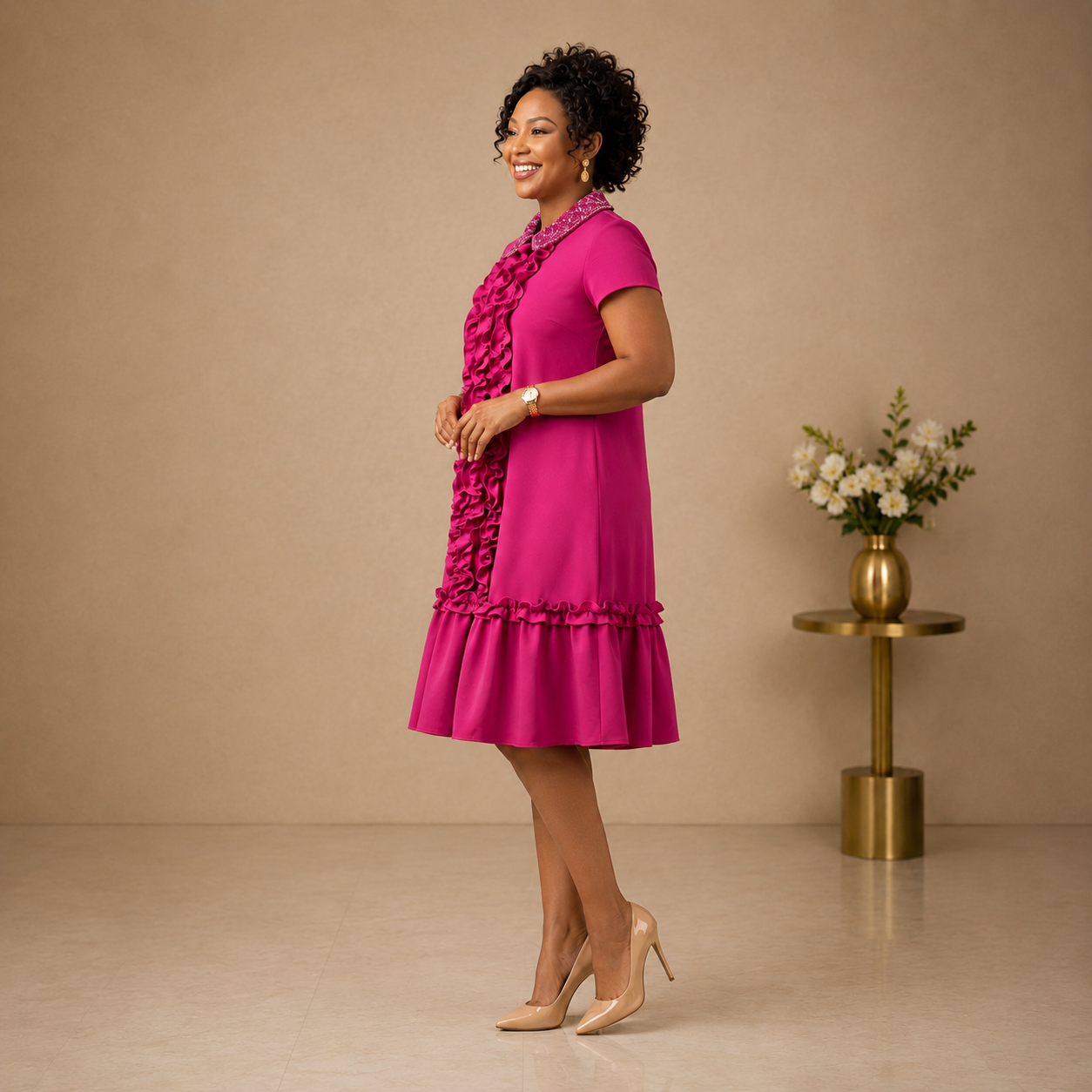 Bianca - Hot Pink Beaded-Collar A-Line Dress