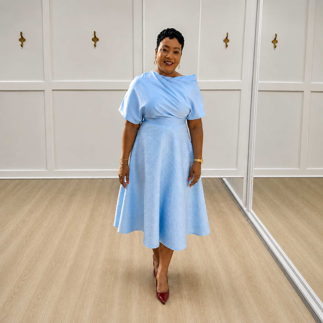 Delia - Light Blue Wrap-Bodice Midi Dress