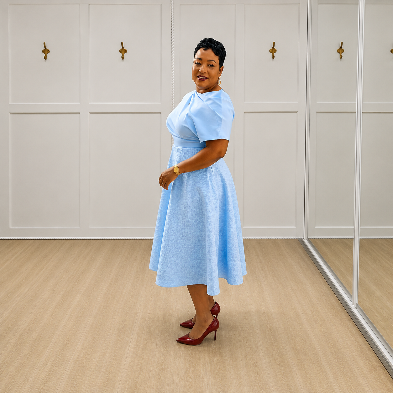 Delia - Light Blue Wrap-Bodice Midi Dress