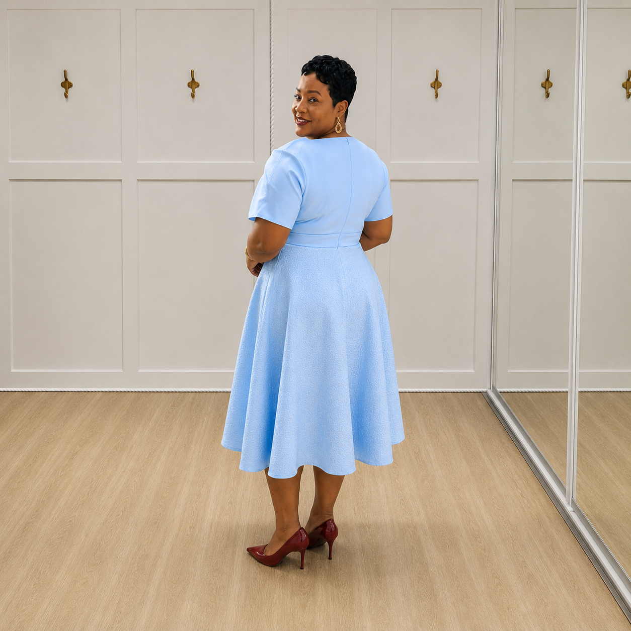 Delia - Light Blue Wrap-Bodice Midi Dress