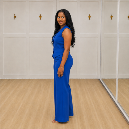 Sapphira vest in Royal Blue with matching pants, side view
