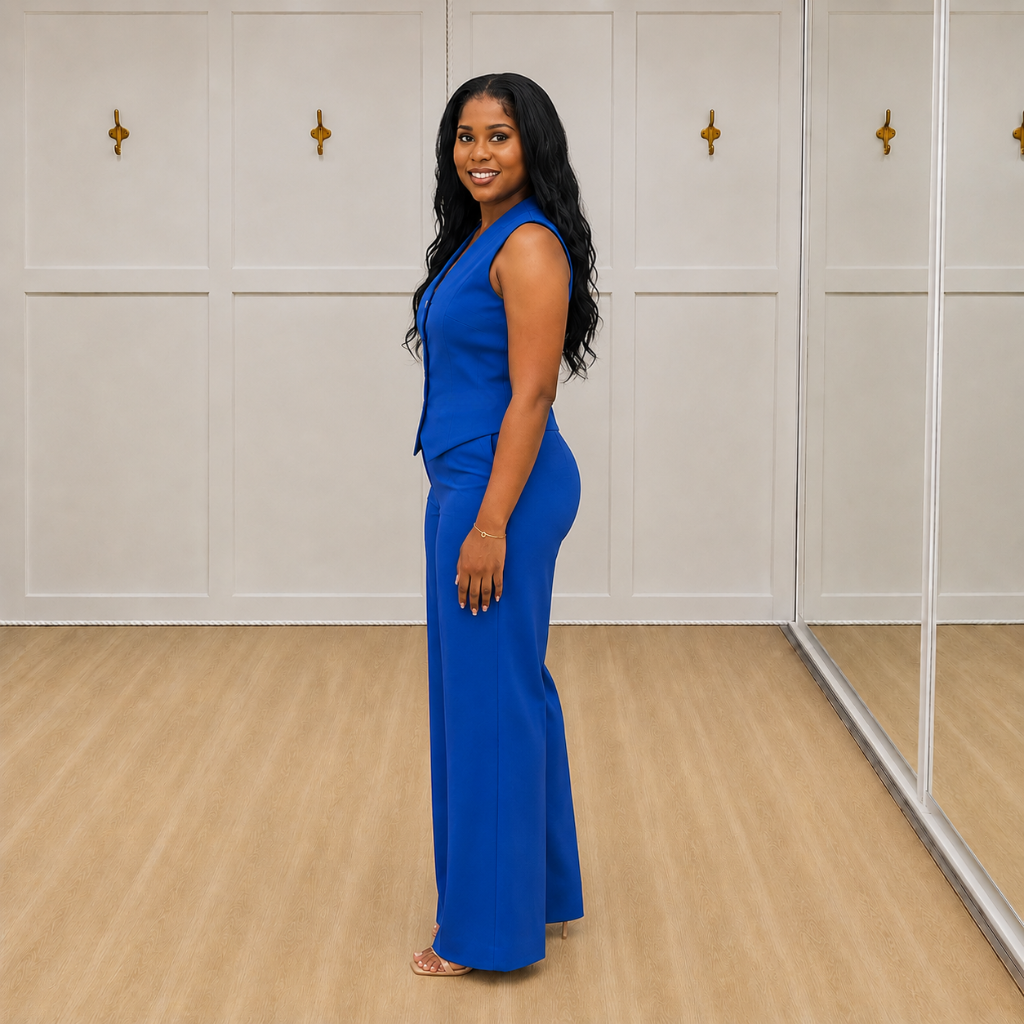 Sapphira pants in Royal Blue with matching vest, side view