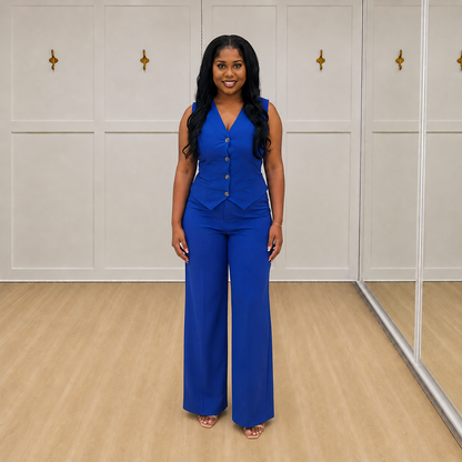 Sapphira pants in Royal Blue, worn with the matching Sapphira vest, front view