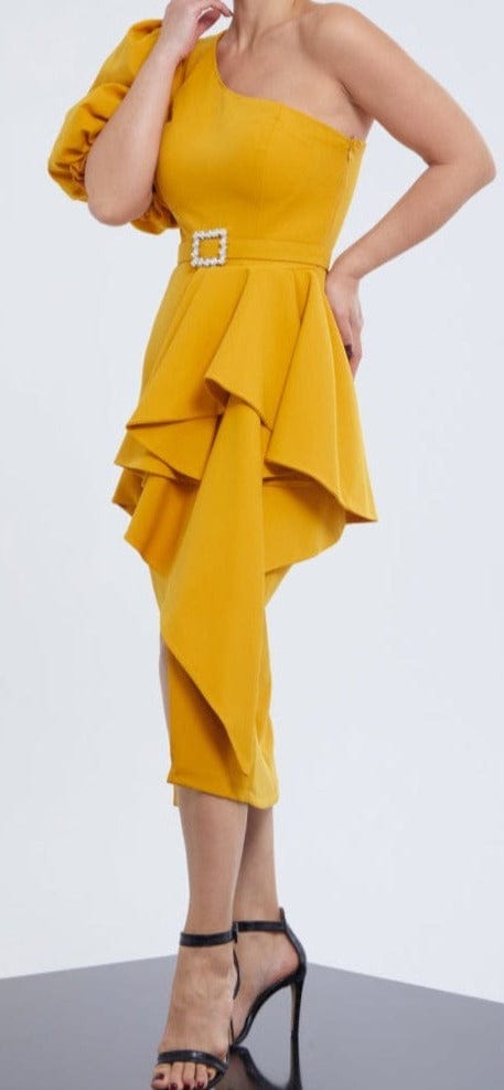 Dramatic Peplum Elegance with Jeweled Belt