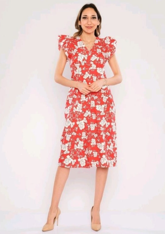 Button Down Ruffle Cap Sleeve Dress