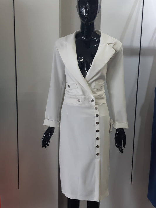 Silver Buttoned Skirt Set with Shoulder Pads