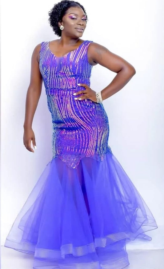 Sequin Mesh V-Neck Flair with Fish Tail Elegance