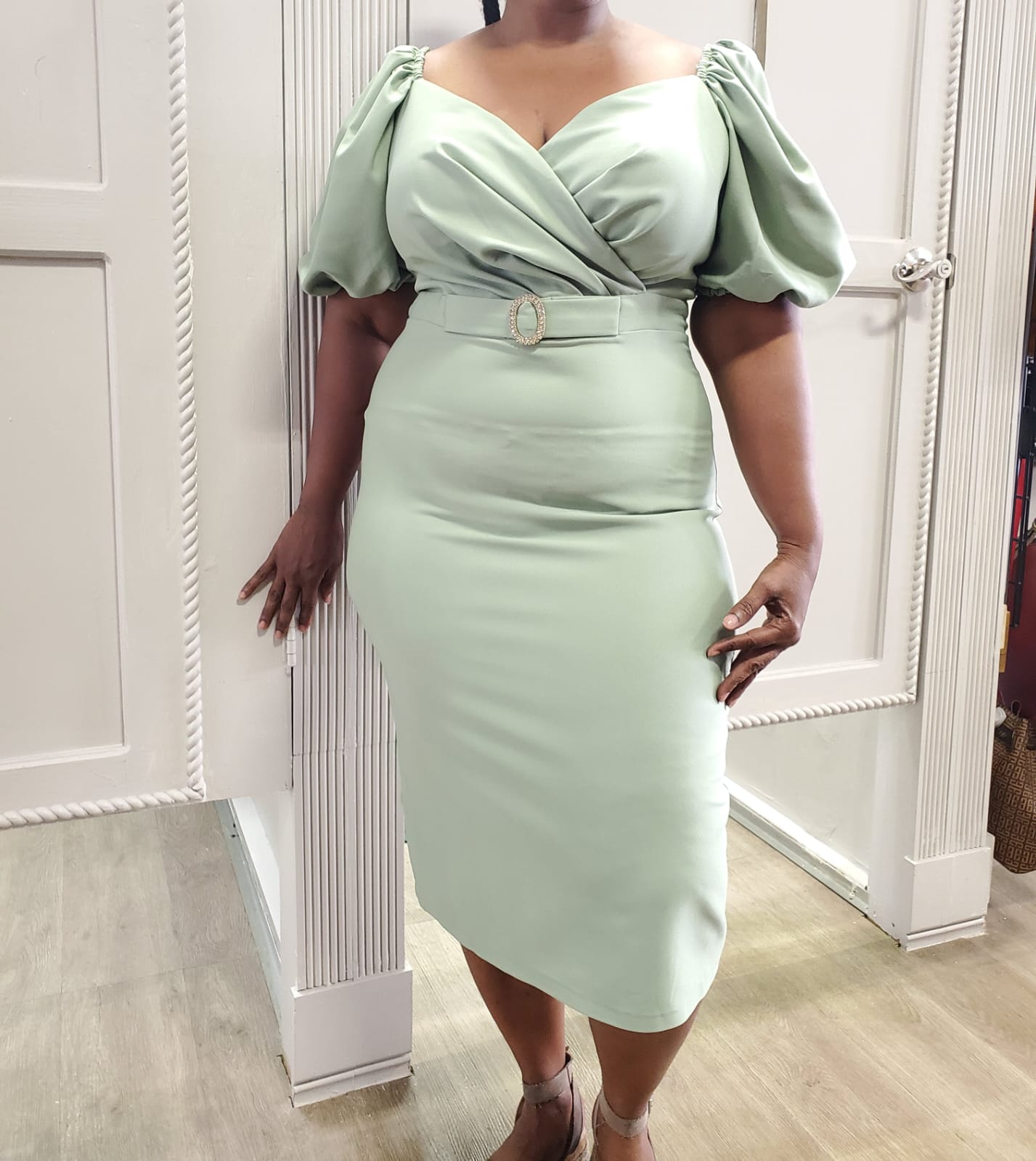 Bedazzled Surplice Pleated Dress