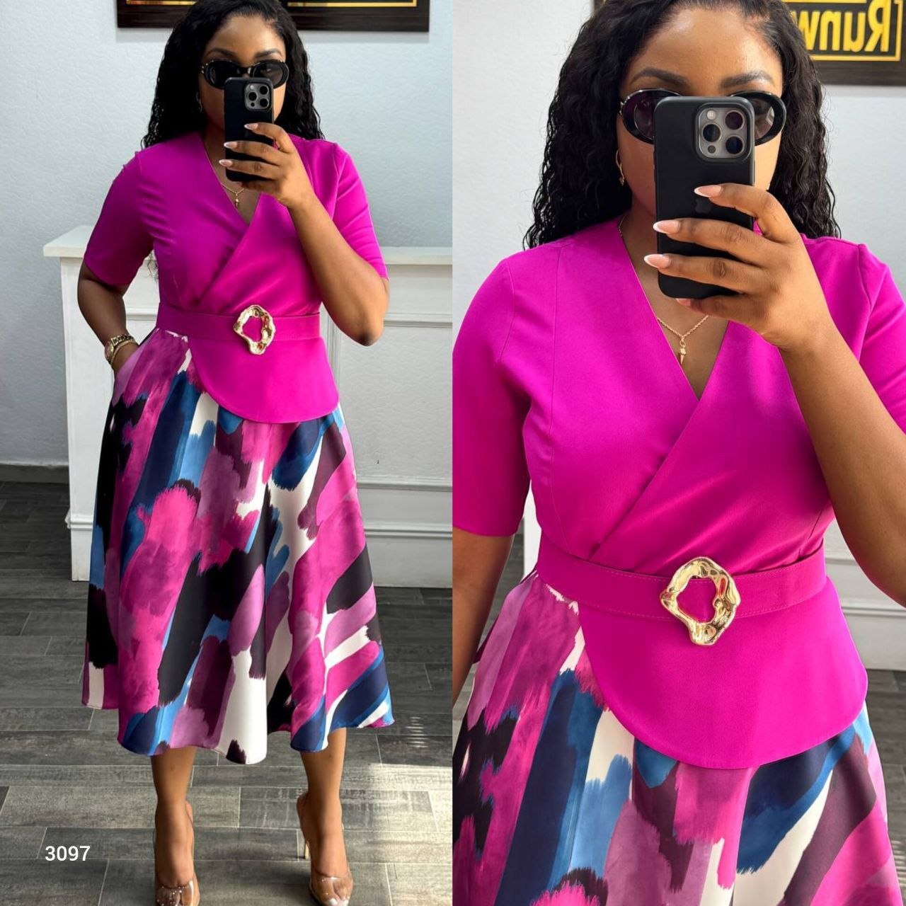 Fuchsia peplum V-neck top with gold buckle belt + abstract-print A-line midi skirt — stock #3097