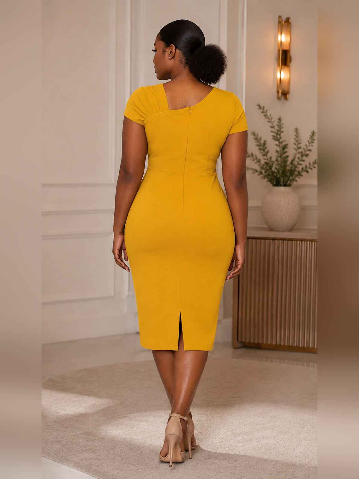 Iggy - Mustard & Caramel Bodycon Dress, back