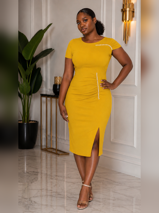 Iggy - Mustard & Caramel Bodycon Dress, front